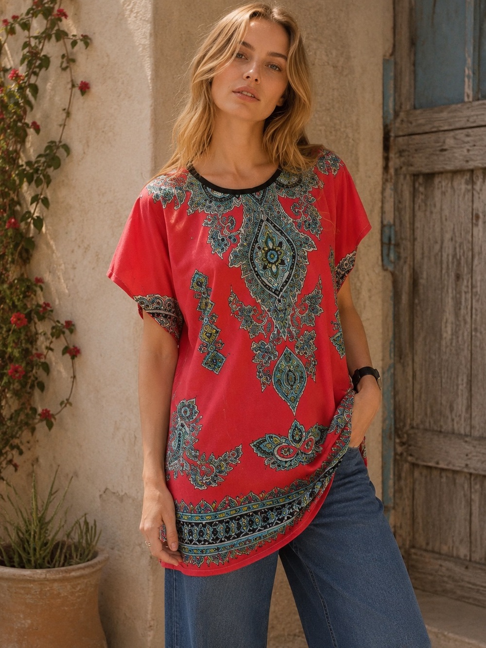 Bohemian Blouse Gypsy Retro Red Pattern Batwing Top Oversized Medium